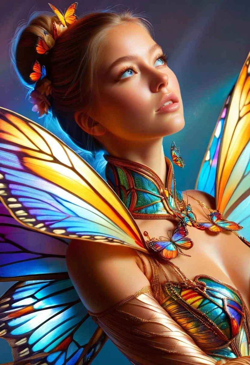 A hyper-realistic portrait of a young woman's upper body, adorned in a mesmerizing butterfly-inspired outfit, with delicate wings and iridescent colors dancing across her torso, soft natural light illuminating her face and outfit, warm golden hues and gentle shadows, in the style of a high-fashion digital painting, with an intimate, slightly overhead camera angle and a shallow depth of field, emphasizing the intricate details of her outfit and the subtle textures of her skin.