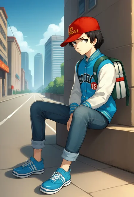 score_9, score_8_up, source_anime, highly detailed, 1boy, solo, skinny,
shinya, solo, hat, 1boy, bag, black hair, backpack, jacket, baseball cap, pants, sneakers, shoes, denim, jeans,
outdoor, city, street, sit, frown,