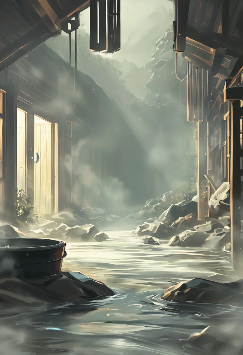 The onsen, Japanese hot spring, a place of relaxation now turned sinister, features a hot spring filled with stagnant, murky water. The wooden planks of the floor are slick and darkened with moisture. Stone basins line one floor, each with a tarnished brass faucet, some dripping slowly into the basin below. Steam, mixed with an unsettling fog, hangs in the air, making the room feel both humid and cold. The scent of damp wood and a faint, metallic tang pervades the space. Wooden stools and buckets are scattered around, some overturned. sliver of moonlight, casting an eerie glow on the surfaces, highlighting the presence of something unseen but felt.
dynamic,