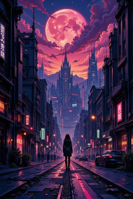 city, street, beautiful misterious futuristic sci-fi cyberpunk landscape, sunset, woman, very intricate, very detailed, sharp, colorful, <lora:Hand v2:1> <lora:Anti-Blur:1> <lora:Insane Detail Slider:0.5>  <lora:Flux.1_Turbo_Detailer:0.6> <lora:flux.1_lora_flyway_Epic-detail_v2:0.6> <lora:flux-charmer-v1-1:0.4><lora:Vibrantly_Sharp_style_v.5:0.4> <lora:The_Dark_Side_Of_The_Future:0.6> <lora:Neurocore Anime Cyberpunk v2.0:0.7> A digital artwork in the style of cknc