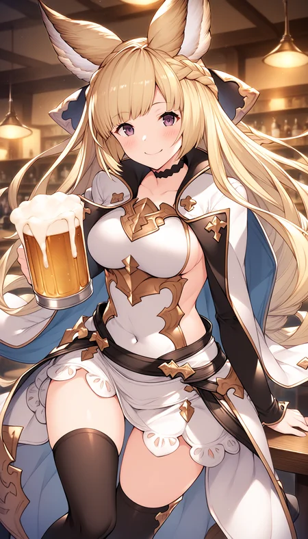 score_9, score_8_up, score_7_up, source_anime BREAK,
masterpiece, hd, best quality, official art, official style, anime_cap, game cg, megami magazine,
1girl, yuisis \(granblue fantasy\), granblue fantasy, gbfyuisis, blonde hair, long hair, braid, bangs, animal ears, erune, purple eyes,
black ribbon, black choker,
white short dress, breastplate, sideboob, covered navel, black thighhighs, coat, cape,
medium breasts, blush, temptation, lewd, smile,
pub, table, dinner, holding a beer mug, solo,
<lora:lora_yuisisv10v1B2_sdxl:1>