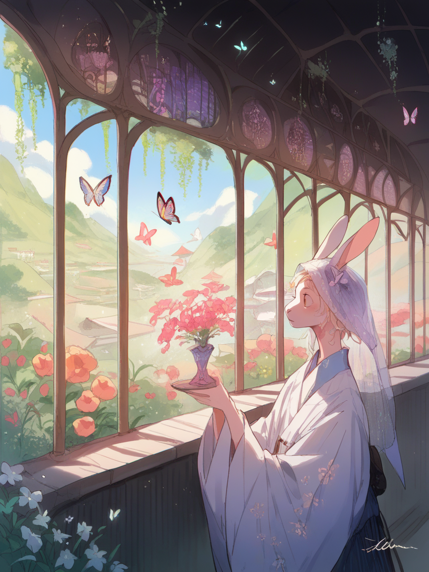 score_9, score_8_up, score_7_up, score_6_up, score_5_up,  <lora:1llum1XLP:1> 1llum1, scenery, fruit, rabbit ears, butterfly, veil, holding cup, wide sleeves, portrait, flower, aquarium, dragon, holding fan