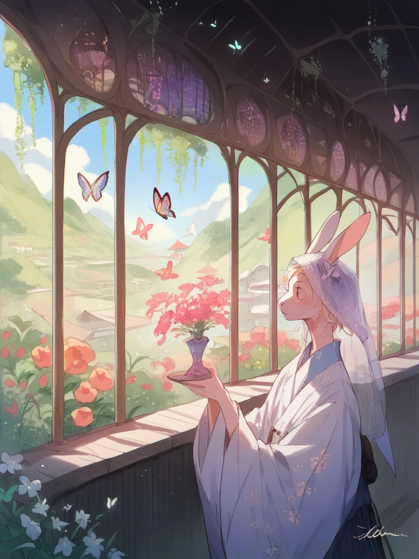 score_9, score_8_up, score_7_up, score_6_up, score_5_up, <lora:1llum1XLP:1> 1llum1, scenery, fruit, rabbit ears, butterfly, veil, holding cup, wide sleeves, portrait, flower, aquarium, dragon, holding fan