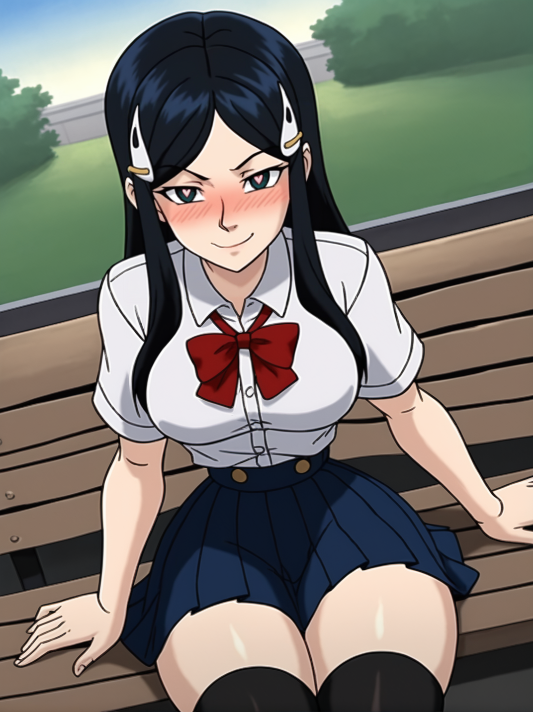 score_9,, 
1girl sitting in a bench, hands on thighs, long black hair, school uniform, skirt, black thighhighs, cute hair ornament, bright pupils, blush, medium breasts, narrow waist, wide hips, thick thighs, looking at viewer, cowboy shot, dynamic pose, cute, wide shot, solo, sexually suggestive, naughty face, blush, dutch angle, 
XmenEvo, flat color, official style, cartoon style, <lora:AXmenEvolutionXL_Style:1>