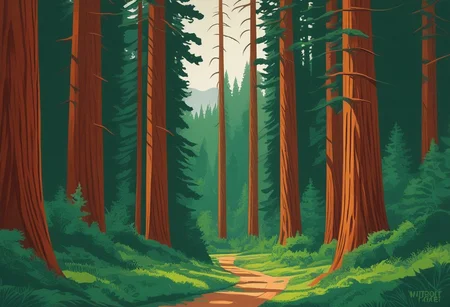 Silkscreen, ((WPA style)), (national parks style), vivid natural colors, limited color palette, painting, (Redwood Forest)