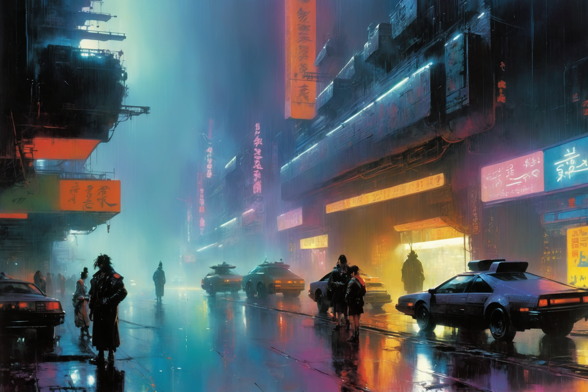 <lora:John Berkey Style:1> John Berkey Style page, cyberpunk cityscape, night, rain, neon lights, neon signs, dirt, garbage, fog, smoke, (masterpiece:1.2), best quality