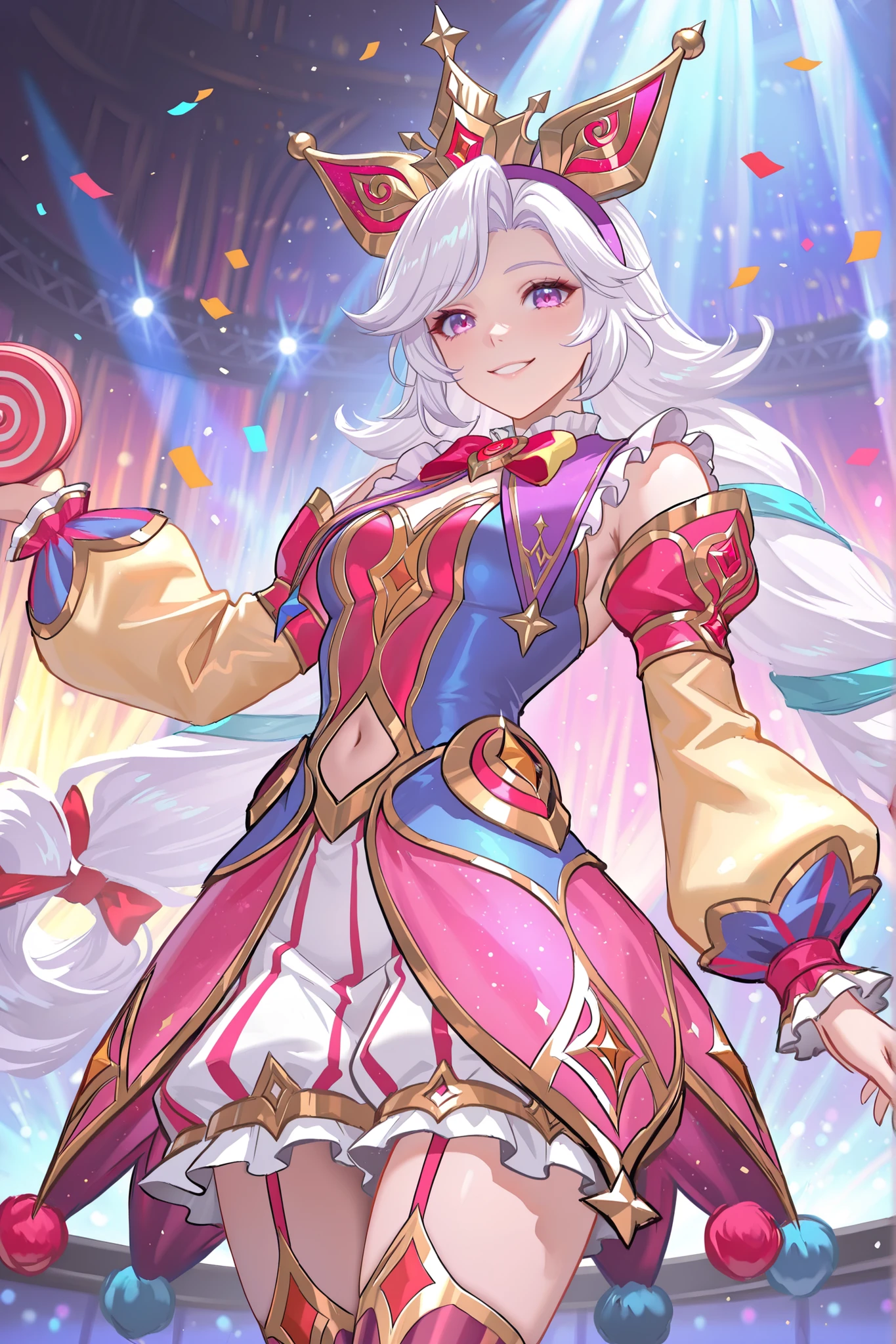 masterpiece, best quality, ultra-detailed, absurdres, newest, semirealistic, cinematic lighting, vibrant concert lights, dynamic pose,  
1girl, solo, cicistarlight, 1girl, very long hair, white hair, twin braids, bangs, purple eyes, bare shoulder, crown hairband,  jester costume, detached sleeves, puffy sleeves, navel cutout, stripped thighhighs, holding yo-yo,  
cowboy shot, looking at viewer, cheerful expression, bright stage with spotlights, confetti falling, glowing colorful background, energetic vibe, upbeat concert moment, painterly aesthetic, beautiful stage details
