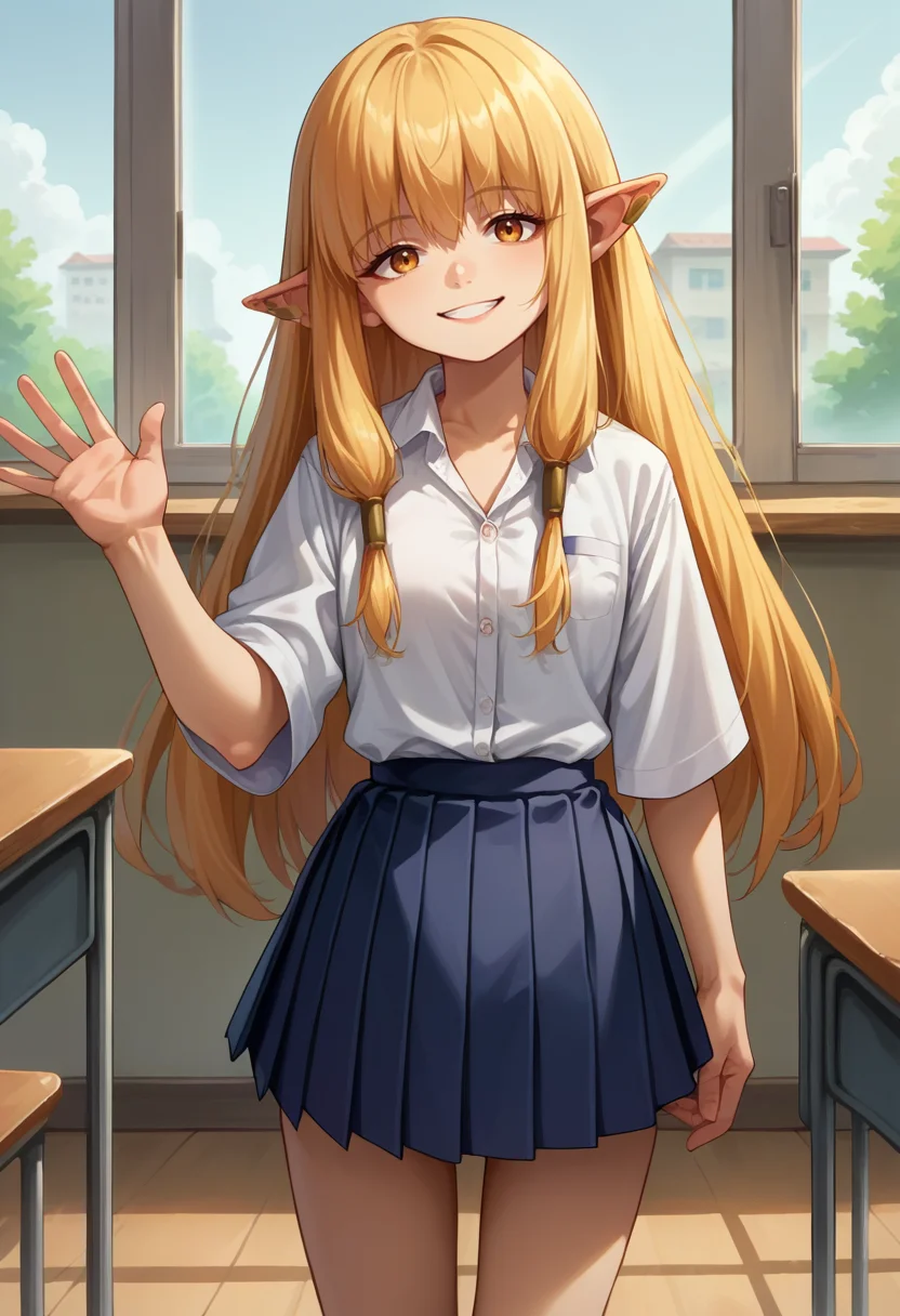 score_9, score_8_up, source_anime, 1girl, solo, Serie, long hair, hair tubes, ear bar, classroom, window, school uniform, dress shirt, pleated skirt, waving at viewer, smile, <lora:ChamSeriePonyXL:1>