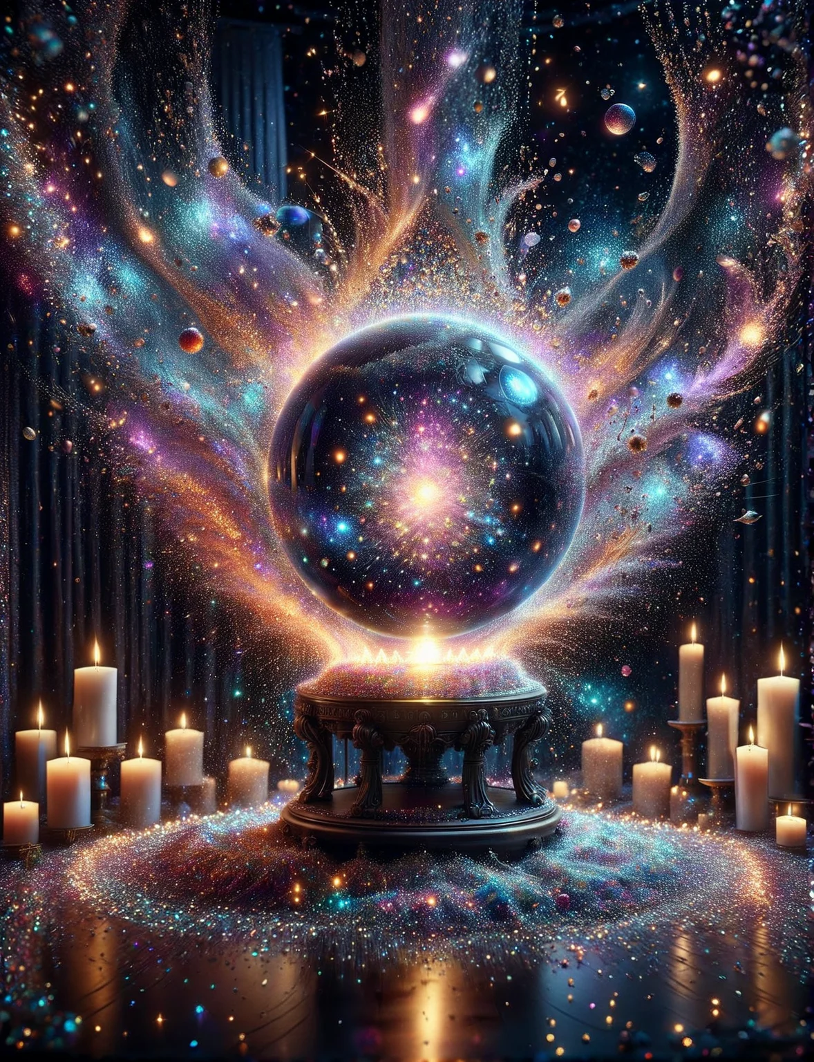A ais-glttrbmb crystal ball perched on a pedestal, its surface reflecting a mesmerizing tapestry of the cosmos, set in a room of velvet curtains and flickering candles <lora:ais-glttrbmb-sdxl:1>