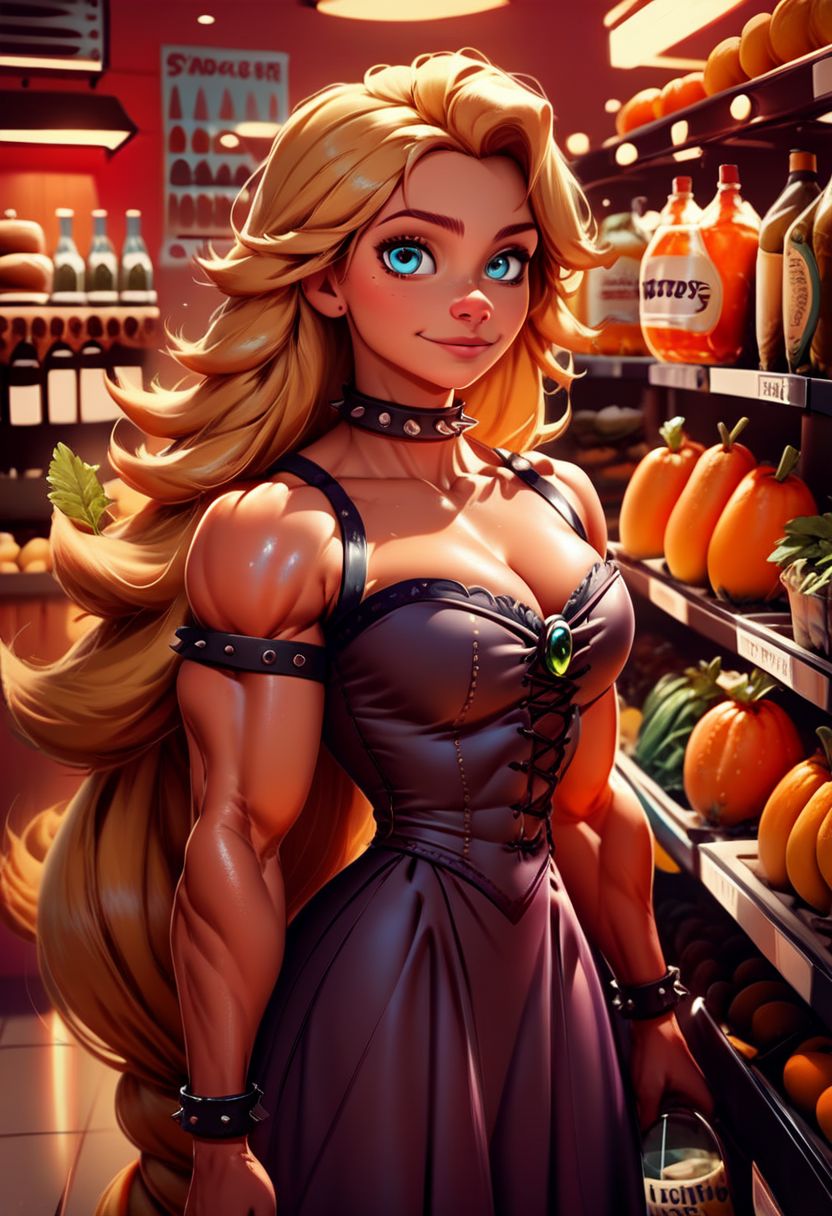 score_9, score_8_up, score_7_up, source_illustration, Original style ; 1 girl, Rapunzel, muscular, jacked,  bodybuilder; long hair, blonde, blue eyes; bowsette dress; at the grocery store; grocery store fruits and vegetables in the background; detailed eyes,  intricate details,  colorful; rating_safe