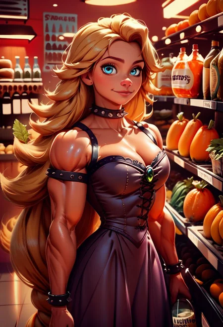 score_9, score_8_up, score_7_up, source_illustration, Original style ; 1 girl, Rapunzel, muscular, jacked, bodybuilder; long hair, blonde, blue eyes; bowsette dress; at the grocery store; grocery store fruits and vegetables in the background; detailed eyes, intricate details, colorful; rating_safe