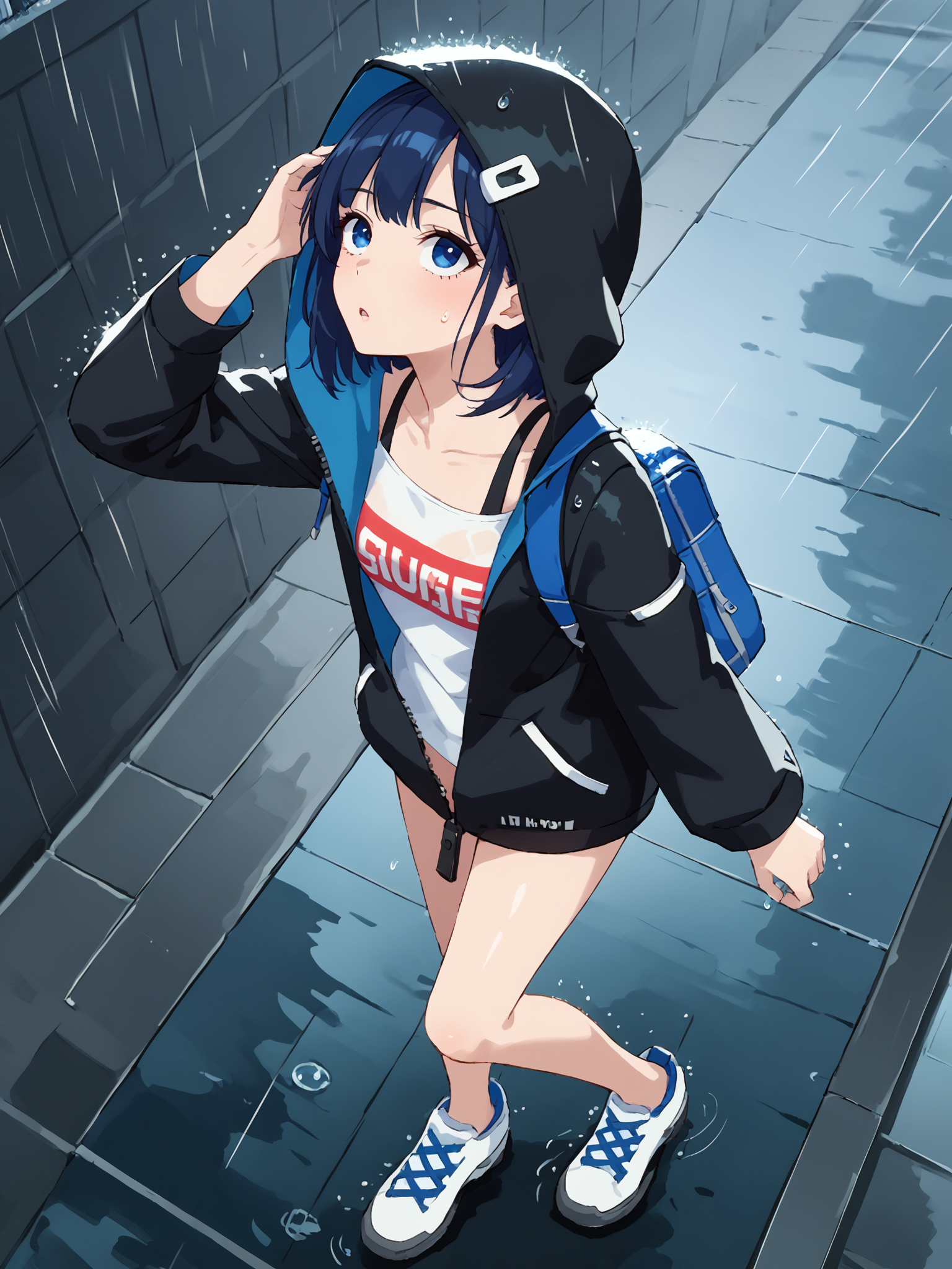 score_9, score_8_up, score_7_up, source_anime, BREAK
1girl, solo, <lora:TokyoStories_Suzu_Pony_v1:0.9>, tokyo streets, dark, (blue hue, blue tone mapping, rainy, heavy rain:1.5), (full body, wide shot:1.3), short hair, bangs, blue hair, blue eyes, white shirt, closed black jacket, black zipper, blue backpack,  (looking up at viewer:1.5), hood up, white sneakers, bare legs, parted lips, (walking:1), dutch angle, (from above:1.8), (melancholic, thoughtful:1.5), (from side:1.5), (pov:1.3), (closeup:2), holding backpack straps, (adjusting hair:1)