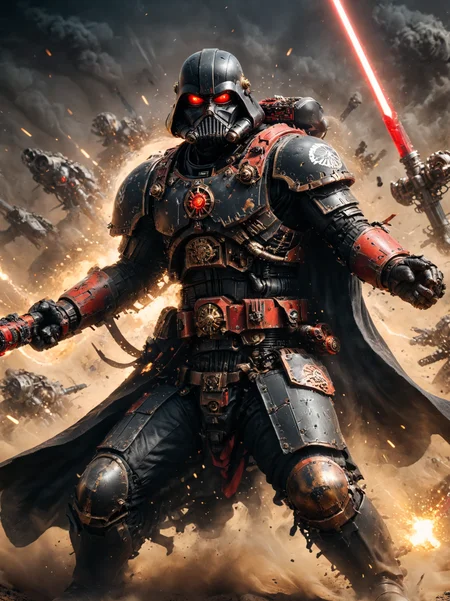 Darth Vader as a Space Marine, Space Marine power armor, black cape, holding a red lightsaber, warhammer 4k, dynamic pose, full body shot, epic, cinematic, 8k, <lora:xl_more_art-full_v1:0.8> <lora:add-detail-xl:1>  <lora:d\EnvyActionShotXL01:0.8> action shot <lora:MechanicusStyleAI:0.8> MechanicusStyleAI