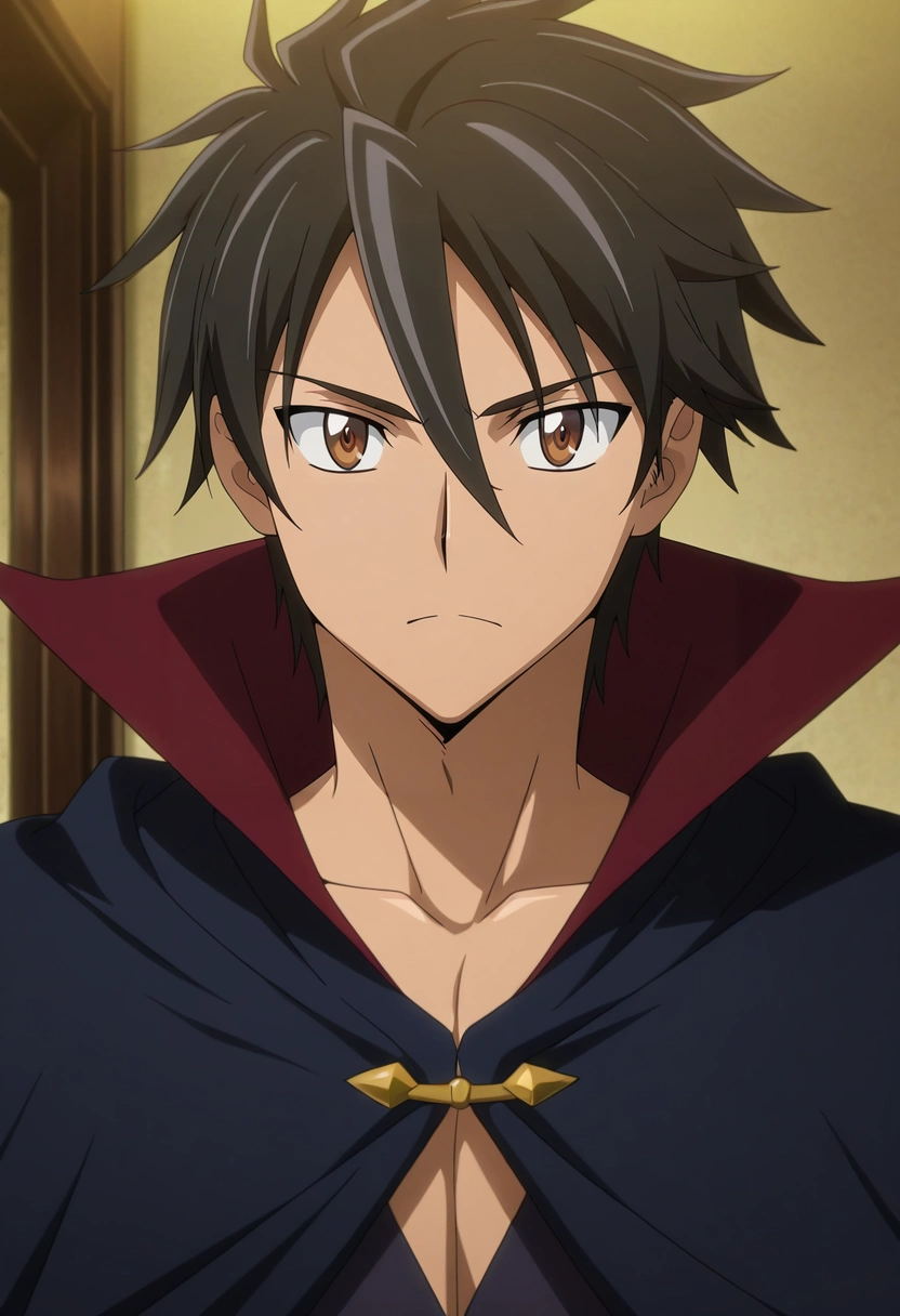 masterpiece, best quality, , anime screencap, anime coloring, official style, looking at viewer, 1boy, solo, male focus, <lora:takashi_komuro_ilxl:0.98>, takashi_komuro, black hair, brown eyes, short hair, hair between eyes, , vampire costume