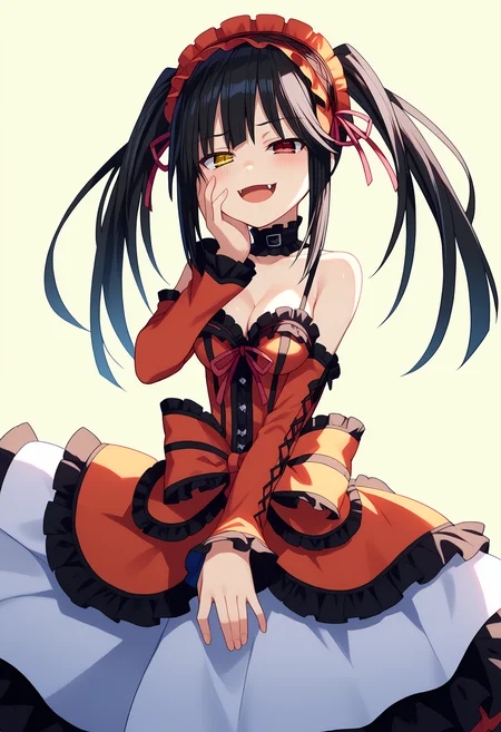 score_9, score_8_up, score_7_up, source_anime,
BREAK
1girl, solo,
<lora:shiKurumiV2:1> kurdef, long hair, black hair, twintails, red eyes, yellow eyes, clock eyes, heterochromia, hairband, bare shoulders, detached sleeves, choker, red dress, cleavage, bow,
<lora:shiMesugakiV1:0.8>, shimesugaki, mesugaki, open mouth, smile, blush, fangs, looking at viewer, hand up, hand on own face, half-closed eyes,