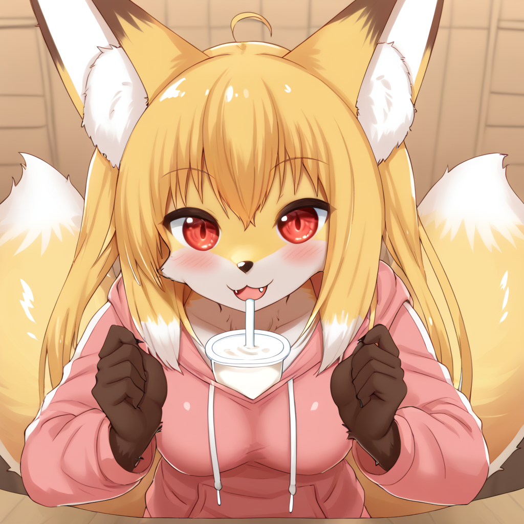<lora:nioalpha-05:1>, nioalpha, furry female, brown fur, yellow fur, white fur, fox ears, fox girl, smile, fang, red eyes, tail, pink hoodie, pov, dating, milk shake, cowboy shot, straw