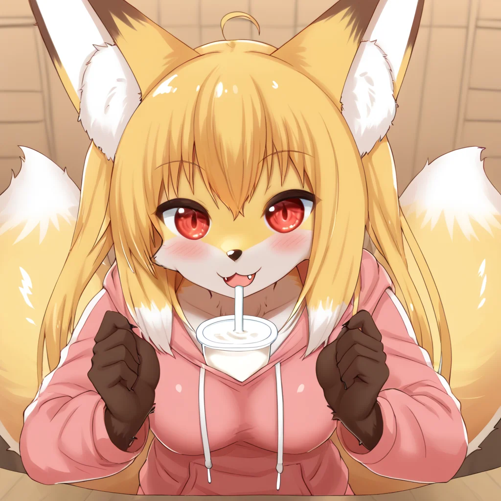 <lora:nioalpha-05:1>, nioalpha, furry female, brown fur, yellow fur, white fur, fox ears, fox girl, smile, fang, red eyes, tail, pink hoodie, pov, dating, milk shake, cowboy shot, straw