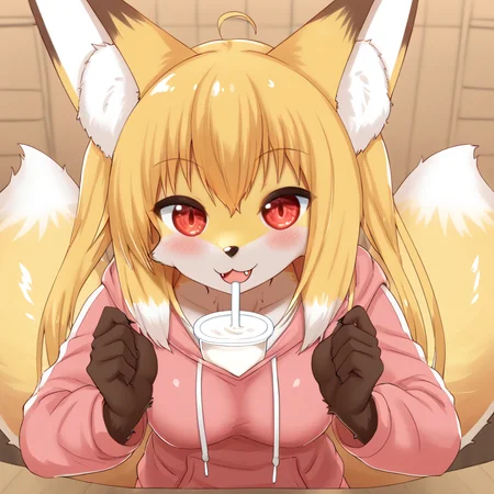 <lora:nioalpha-05:1>, nioalpha, furry female, brown fur, yellow fur, white fur, fox ears, fox girl, smile, fang, red eyes, tail, pink hoodie, pov, dating, milk shake, cowboy shot, straw