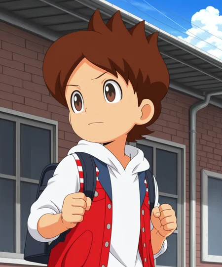 masterpiece, best quality, amazing quality, 1boy, solo, solo focus, male focus, <lora:YoukaiWatchTheMovie-ILL-Civitai:1>,
AmanoKeita, brown hair\(AmanoKeita\), brown eyes\(AmanoKeita\), 1boy, male focus, solo, sky, cloud, day, outdoors, bag, backpack, clenched hands, running, blue sky, hood, closed mouth, hoodie, building, white hoodie, upper body, open clothes, red vest, window, vest