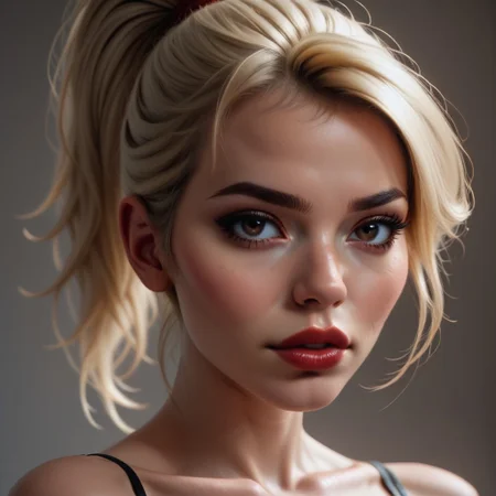 score_9, score_8_up, score_7_up, score_6_up, score_5_up, score_4_up, 1girl, solo, 21yo, red-burgundy pronounced lips, beautiful eyes, deep brown eyes, blonde hair ponytail, swept bangs, medium 34D breasts