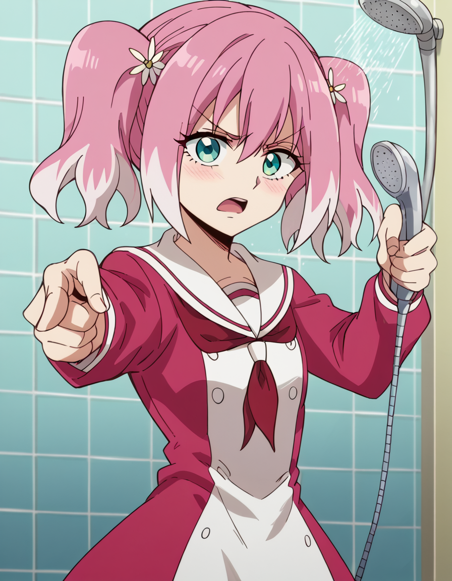 score_9, score_8_up, score_7_up, source_anime, <lora:nana-hiiragi-s1-ponyxl-lora-nochekaiser:1>, nana hiiragi, aqua eyes, twintails, pink hair, flower, white hair, multicolored hair, hair flower, two-tone hair, anime screencap, dress, school uniform, sailor dress, red neckerchief, white sailor collar,, shower, water, steam, shower head, tiles, , <lora:jotaro-kujo-pose-ponyxl-lora-nochekaiser:1>, jotaro kujo pose, kujo jotaro's pose (jojo), jojo pose, pointing, pointing at viewer, blush, open mouth, bed room,, cowboy shot, looking at viewer, solo,, dutch angle, cowboy shot