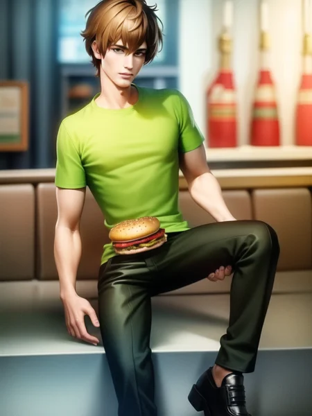 1boy, Shaggy, a man with green shirt, brown pants, black shoes, eating burger, restaurant background, <lora:Shaggy-000010:0.7> , (masterpiece:1.4),(best quality:1.4),(shiny skin),realistic