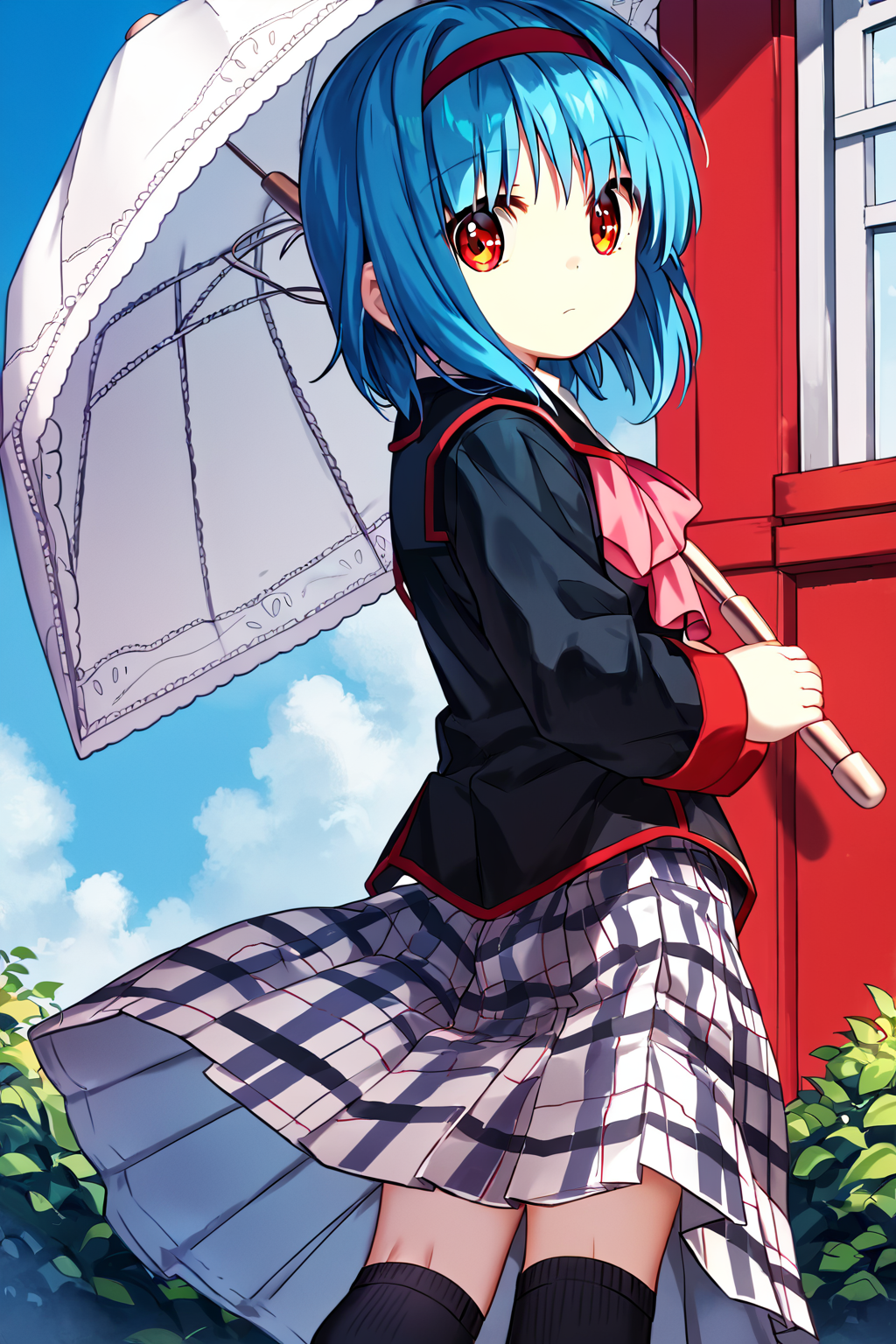 score_9, score_8_up, score_7_up, score_6_up, rating_safe, source_anime, best quality, masterpiece, detailed background, detailed eyes, outdoors, white parasol, from behind, looking back, <lora:nishizono-mio-xl-05:1>, nishizono mio, blue hair, red headband, black uniform with red trim and pink bow, pleated grey plaid skirt, black socks, small breasts, expressionless,