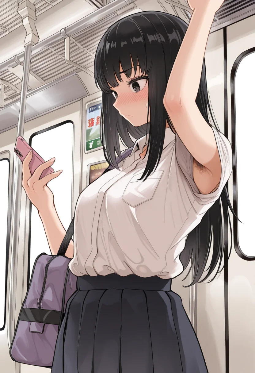 masterpiece,best quality,amazing quality, solo, 1girl, adult, black hair, long hair, stern, white collared shirt, bag, blush, bangs, standing, train, train interior, armpit peek, armpit hair, holding phone, cowboy shot, f0r0m0t0t4k3ru, <lora:Furumoto_Takeru_Style_IL:1>