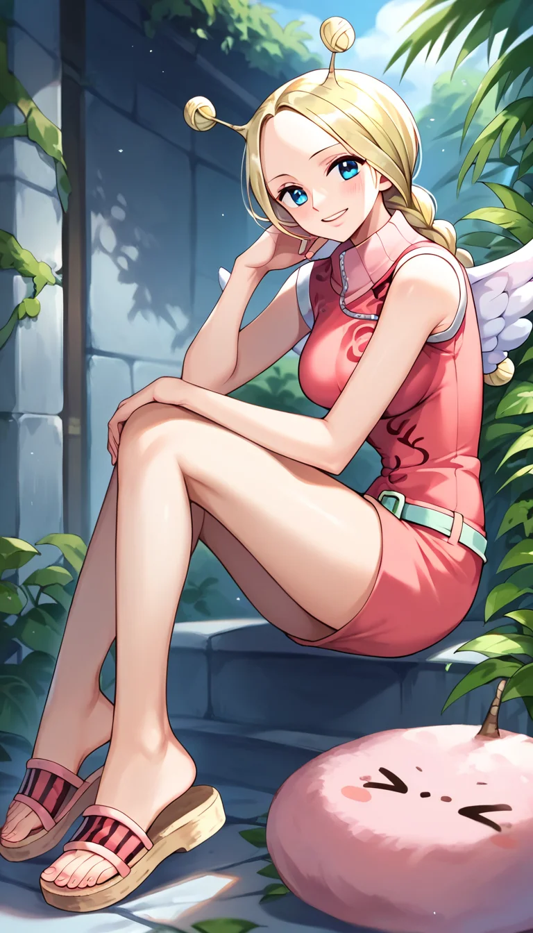 score_9, score_8_up, score_7_up, score_6_up, score_5_up, score_4_up, 1girl, conis, wings, blonde hair, antenna hair, twin braids, blue eyes, pink dress, turtleneck, green belt, sandals, looking at viewer, cute, <lora:Conis_v2:1>