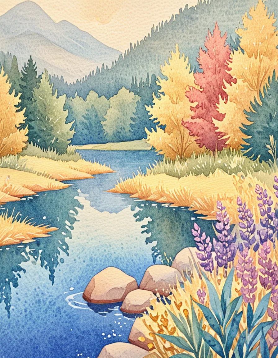novuschroma75 style watercolor River Landscape <lora:novuschroma75 style:1>, <lora:sdxl_lightning_8step_lora:1>