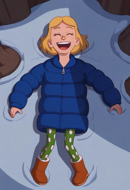 Score_9_up, score_8_up, score_7_up, BREAK, high quality, dynamic angle, 1girl, solo, judytgn, blonde hair, short hair, freckles, blue puffer coat, polka dot leggings, brown boots fur trim, outside, snow, laying on ground, making snow angle, laughing, happy,