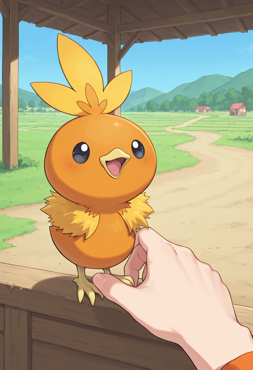 masterpiece, best quality, amazing quality, very aesthetic, absurdres, ((1girl with 1other:1.6, other with female,)) BREAK
(PKMN_Torchic, gijinka, human:1.6, 1girl, blonde hair, medium hair, ponytail, feather hair ornament, black eyes, blue overalls, orange shirt, yellow boots, holding pokemon). BREAK
(1other, PKMN_Torchic, 1other, no humans, black eyes,orange feathers, yellow feather collar, yellow feather hair,)
happy, dynamic pose, perspective, outdoors, plants, blue sky, farm, chicken coop,