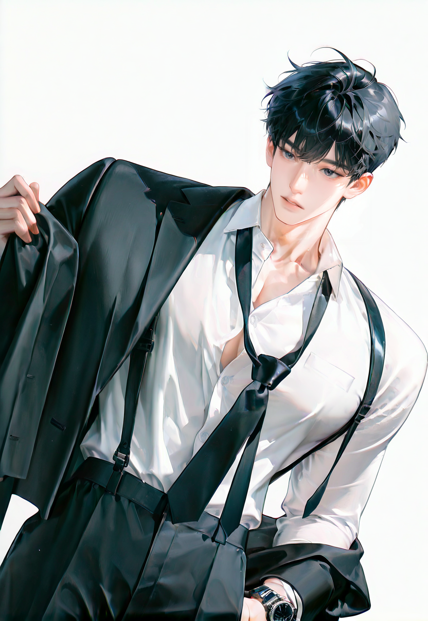 hanme1, 1boy, male focus, watch, solo, shirt, necktie, wristwatch, black hair, white shirt, black necktie, collared shirt, short hair, holding clothes, jacket, parted lips, holding, dutch angle, white background, bangs, simple background, pants, black pants
bove,very awa,masterpiece,best quality,absurdres,newest,perfect quality,detailed background,intricate details,Visual impact,sharp focus,
details,hanme1,,,,<lora:cfg_scale_boost (1):0.6>,<lora:hanface-000009:0.4>,<lora:hamafu:0.8>