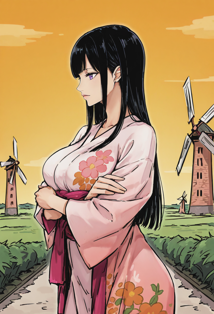 score_9, score_8_up, score_7_up, source_anime, 1girl, large_breasts, mature_female, solo, looking_at_viewer, open_eyes, Posing with arms folded, vanishing_point, Pink layered kimono, straight hair, feather-cut, salt-and-pepper hair, windmill, group_profile, rating_safe, <lora:Illustrous\shellmaru:0.9>