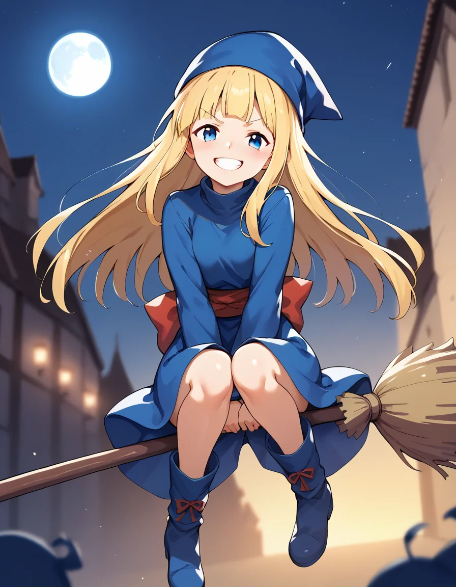 <lora:witchP123_SDXL_pony_fp16_v13:1>,witchP123,long hair,blonde hair,blunt bangs,blue eyes,blue hat,blue dress, blue boots, red sash,long sleeve, grin,cheek-to-cheek , <lora:Broom_Riding_PONY_XL:0.6>,broom riding,broomriding ,night sky, moon, blurry,, score_9, score_8_up, score_7_up, BREAK source_anime, rating_questionable, best quality, masterpiece, uncensored,[pony diffusion V6 is trained by PurpleSmartAI:100]