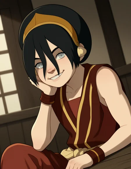 score_9, score_8_up, score_7_up, source_anime, <lora:toph-beifong-book2book3-ponyxl-lora-nochekaiser:1>, toph beifong, black hair, hairband, blind, grey eyes, hair between eyes, short hair,, shirt, sleeveless, red shirt, collarbone, bare shoulders, red pants, clothes around waist, gold hairband,, indoors, smile, looking at viewer, solo, sitting, head rest,, cowboy shot, dutch angle