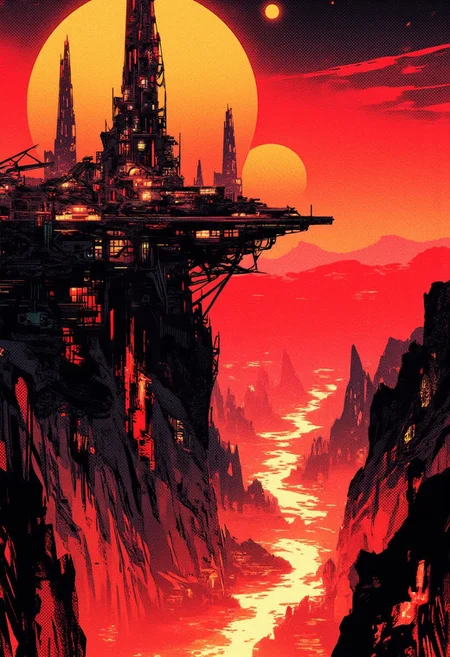 Inkpunk Anime, Abstract digital painting in the style of ck-js, arid volcanic landscape, Artemis Station perched at the edge of a volcanic cliff, its sleek towers a stark contrast to the cliffs surrounding it. The planet’s sun casts a vivid, surreal light across the station, while deep fissures reveal glowing rivers of molten lava far below. The sky is a surreal shade of black and red, with two moons hanging low in the horizon, each reflecting light off the surface.