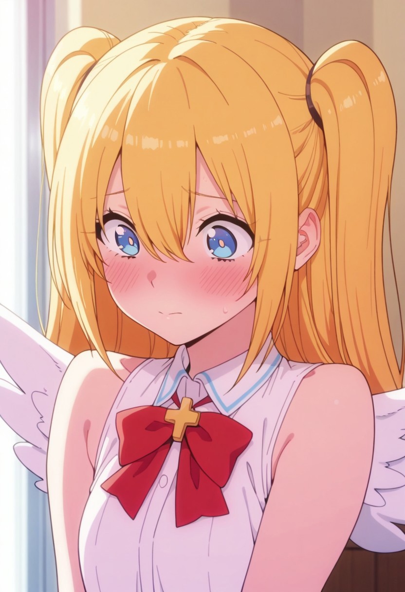 masterpiece,best quality,amazing quality, amano ririsa, long hair, blonde hair, blue eyes, 1girl, solo, twintails, blush, bow, sleeveless, bare shoulders, wings, red bow, hair between eyes, two side up, upper body
