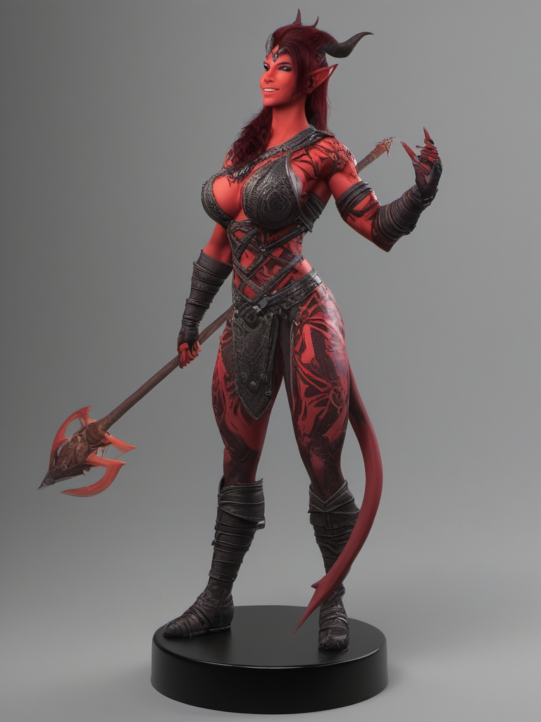 photo, nude ,Karlach , ifbb,  modeling, standing, hold spear, giant red skin , muscular sexy red Tiefling, huge tits, smiling, fiery eyes, white teeth, detailed skin, black hair,  , (Devil_Girl_XL ), huge boobs,   giant, (( red skin )), Red hair highlights, Huge breasts, <lora:Devil_Girl_XL-000004:0.6> red tail.