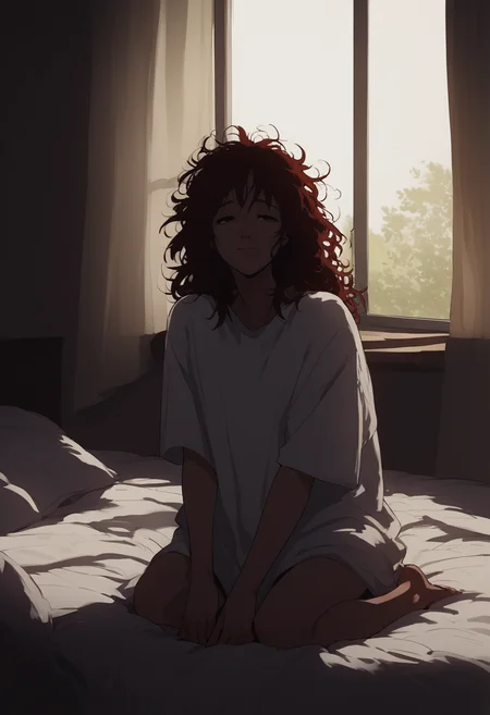 score_8_up, source_anime, beautiful, face focus, woman, messy hair, [brown hair| red hair], [brown eyes | green eyes], oversized clothes, happy, oversized white t-shirt, rubbing eyes, sitting, on bed, bedroom, kneeling, window, closed curtains, dark, day, half-closed eyes, looking ahead, 
<lora:DarkerThanDarkV1:0.5>  <lora:NoctFlatStyleV4:0.5>
