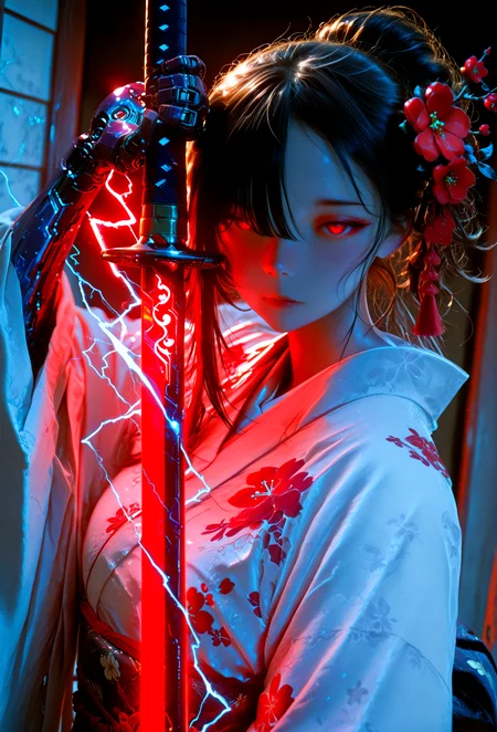 hkmecha, 1girl, solo, dynamic angle, asymmetrical bangs, (plum blossoms :1.1), holding Katana, Red glowing sword, kimono, obi, Depth of field, sumi-e, electricity Petal, [(abstract background:1.2)::0.2], (flour background:0.7), masterpiece, best quality, amazing quality, very aesthetic, absurdres, highres, newest, intricate details, high contrast, 8k, lazypos, <lora:hkmechaILv2:0.85> <lora:TrendCraft_The_Peoples_Style_Detailer-v1.0A-3_13_2025-NoobVPRED:1>