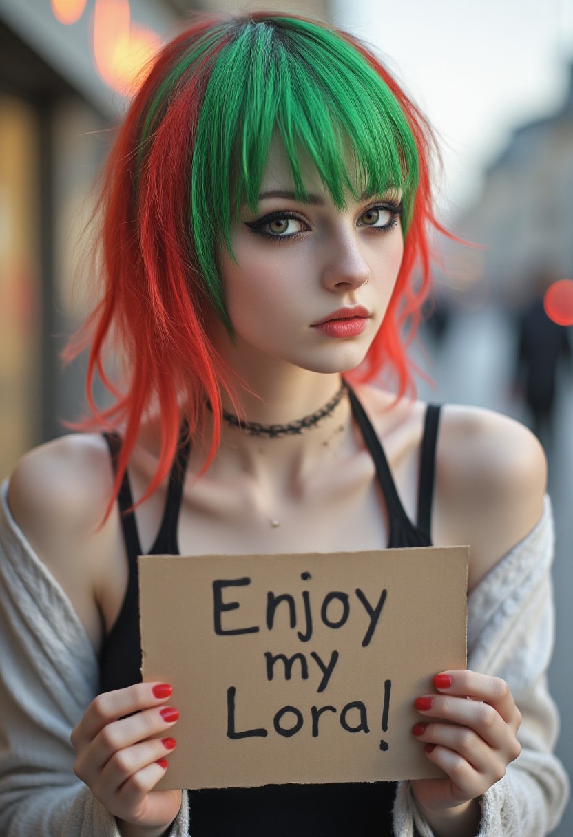 FictionalQuartz, emo girl with green and red hair. Holding a sign saying "Enjoy my Lora"