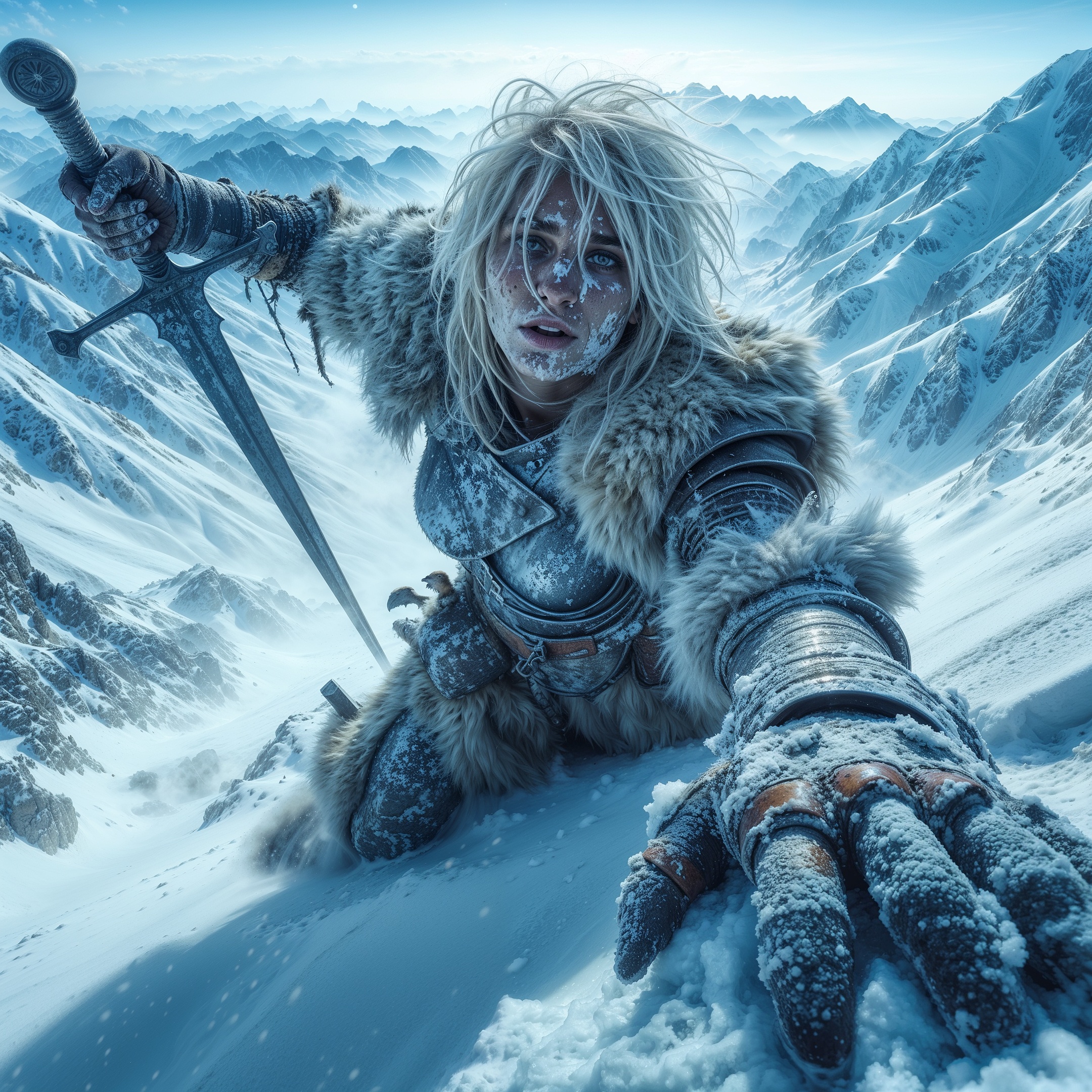 High-fantasy, action-adventure style image featuring a warrior in a snowy mountain landscape. The layout is dynamic, with the subject positioned in the foreground, reaching out towards the viewer. The warrior has long, messy blonde hair, pale skin, and a determined expression with piercing blue eyes. They are clad in heavy, fur-lined armor, which is detailed with intricate patterns and covered in snow. The warrior grips a large, ornate sword in one hand, while the other hand is extended forward, fingers splayed in the snow. The background showcases a vast expanse of snow-covered mountains under a clear blue sky, adding to the epic and harsh atmosphere of the scene.
