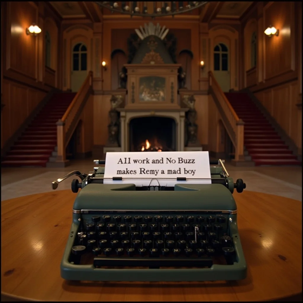 KBRCK, a close up of a typewriter sits on the center of a wooden table in the grand hall of a western themed lodge, the text on the paper in the typewriter reads 'All work and No Buzz makes Remy a mad boy', the typewriter is on the center of a wooden table, native American decorations fill the lodge, two stair cases on either side of a massive fire place in the background, cinematic image