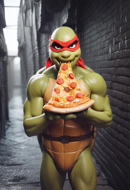 score_9, score_8_up, score_7_up, score_6_up, 1boy, TMNT, hud_e4ting, holding pizza slice, holding food, eating, sewer, TMNTMICHELANGELO, BANDANA MASK, MASK WITH EYE-HOLES, ORANGE MASK,