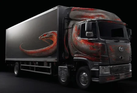 (masterpiece, best quality), highly detailed, ultra-detailed, (night), (city highway), (large truck), (truck bed side:1.3), (japanese tattoo style:1.4), (evil snake:1.5), (serpent scales), (detailed scales), (snake fangs), (glowing red eyes), (menacing), (dark color scheme), (headlights on), (streetlights:1.2), (motion blur:0.8), (high speed), (asphalt road), (reflections), (night atmosphere),Japanese truck