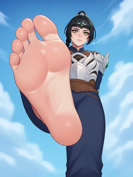score_9, score_8_up,
1girl, shadowheart, black hair, braided ponytail, green eyes, scar on face, circlet, armor,
footstomp, barefoot, feet, foot focus, soles, toes, foreshortening, view from below,
arms behind back, solo, standing, looking at viewer, outdoors, blue sky, cloud <lora:StompXL:1> <lora:ShadowHeartXL:1>