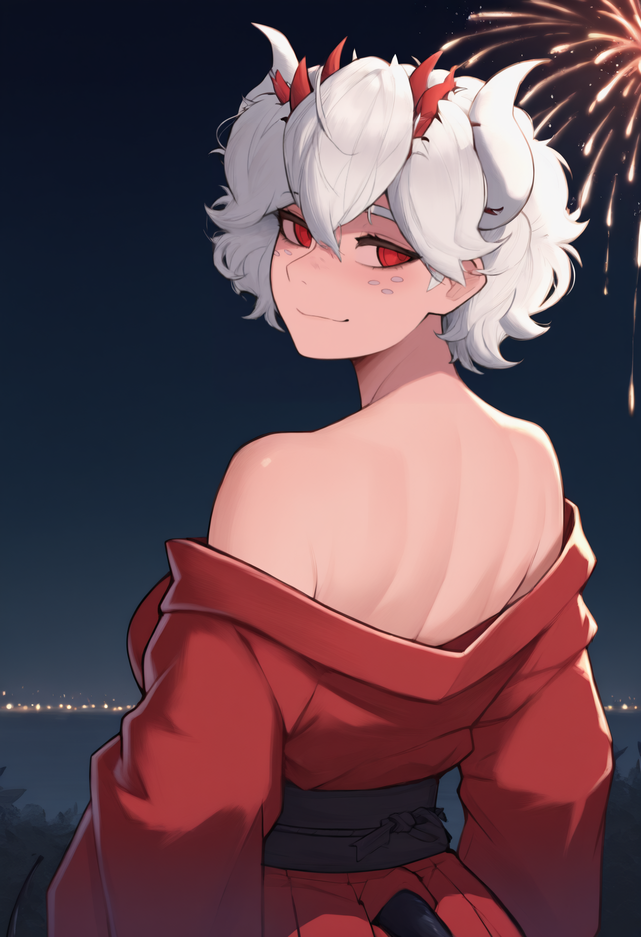 anime, masterpiece, best quality, newest, from behind, solo, 1girl, be3lz3bub, freckles, demon tail, slight smile, looking back, short hair, white hair, white horns, demon horns, red eyes, japanese clothes, red kimono, off shoulder, black sash, bare shoulders, outdoors, night, fireworks
<segment:yolo-face_yolov8m.pt,0.4,0.5//cid=1>
