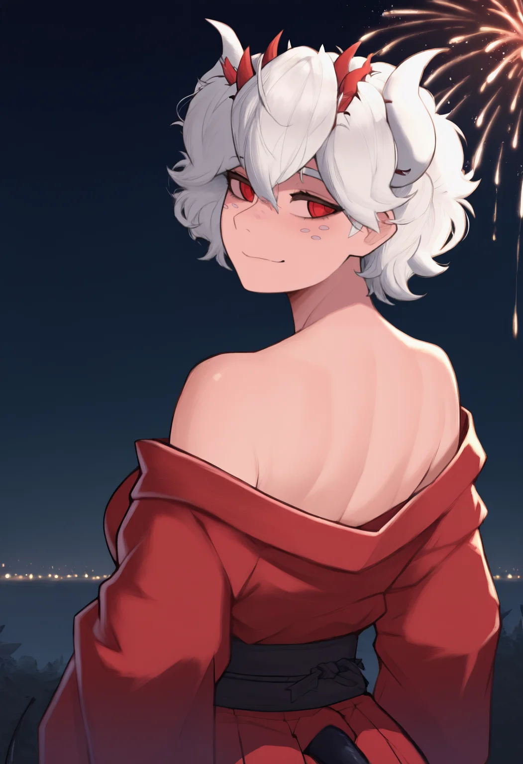 anime, masterpiece, best quality, newest, from behind, solo, 1girl, be3lz3bub, freckles, demon tail, slight smile, looking back, short hair, white hair, white horns, demon horns, red eyes, japanese clothes, red kimono, off shoulder, black sash, bare shoulders, outdoors, night, fireworks
<segment:yolo-face_yolov8m.pt,0.4,0.5//cid=1>