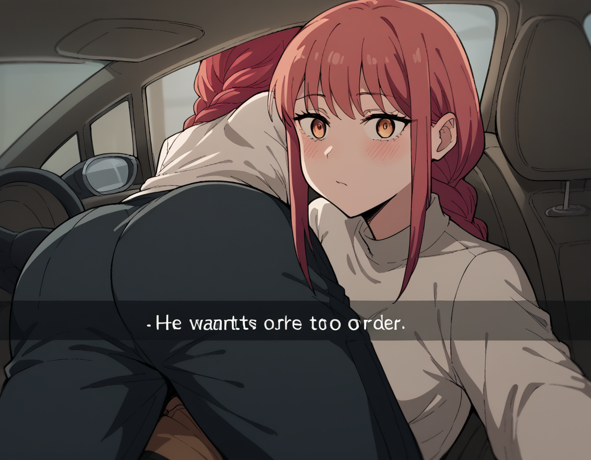 score_9, score_8_up, score_7_up, source_anime, <lora:chainsaw-man-makima-s1-ponyxl-lora-nochekaiser:1> makima, long hair, bangs, braid, red hair, braided ponytail, medium breasts,, <lora:he-wants-to-order-ponyxl-lora-nochekaiser:1> he wants to order, he wants to order (meme), drive-thru, snapchat, side-view mirror, car interior, car seat, steering wheel, car interior, three quarter view, lying on person, selfie, 1boy, ass, pants,, blush,,